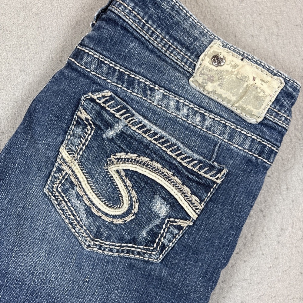 Silver Jeans Aiko Baby Boot Jeans Womens 28x33 Blue Distressed Denim Mid Rise